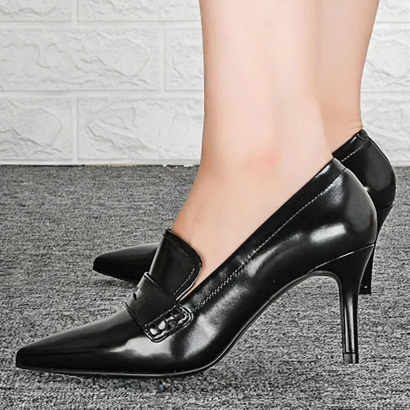 Leather Pointed Toe Thin Heels Pumps